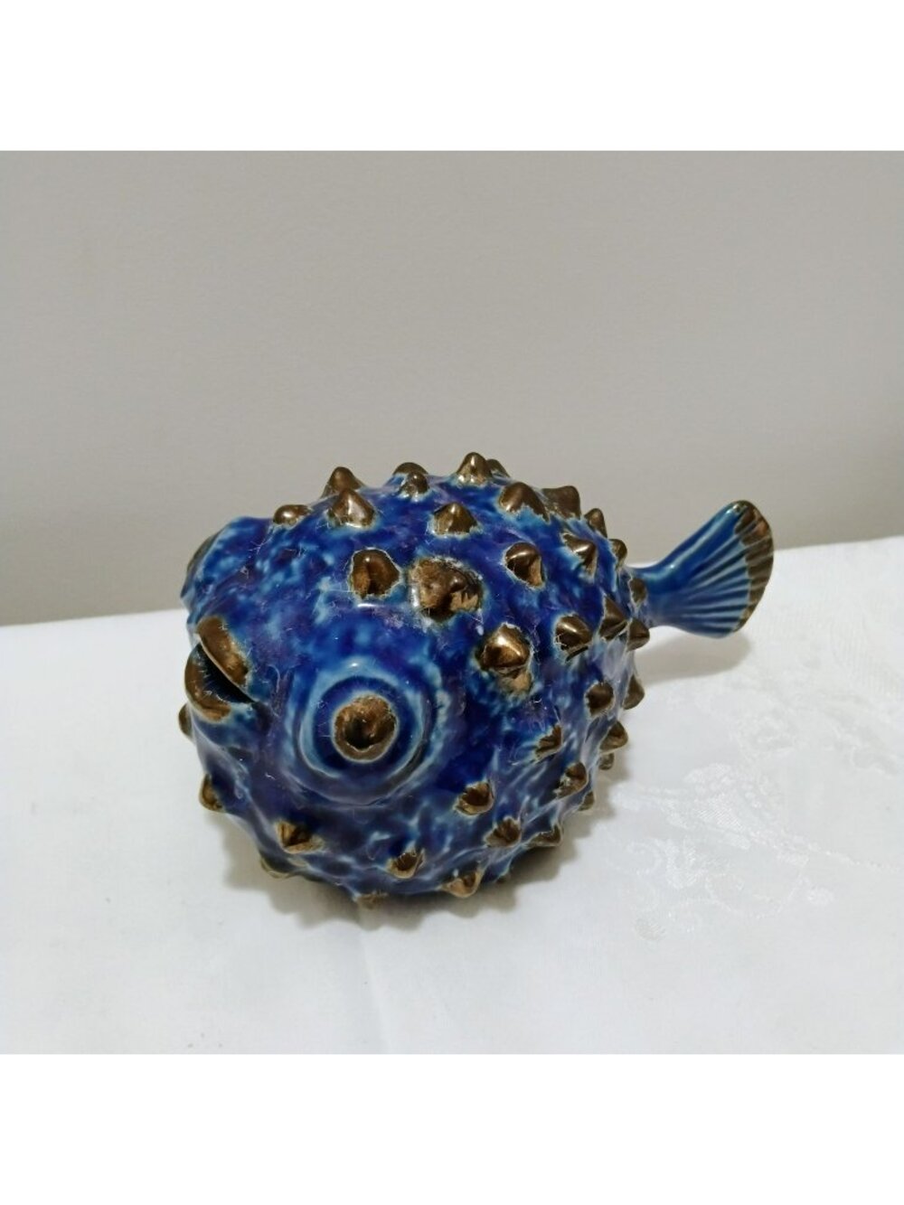 Ceramic Blue & Tan Puffer Fish Figurine 8" Coastal Nautical Beach Decor Art